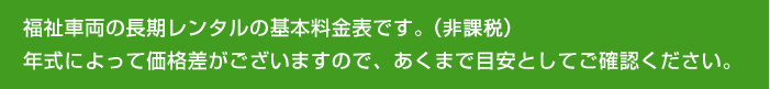 福祉車両の長期レンタルの基本料金表です。(非課税)
                年式によって価格差がございますので、あくまで目安としてご確認ください。